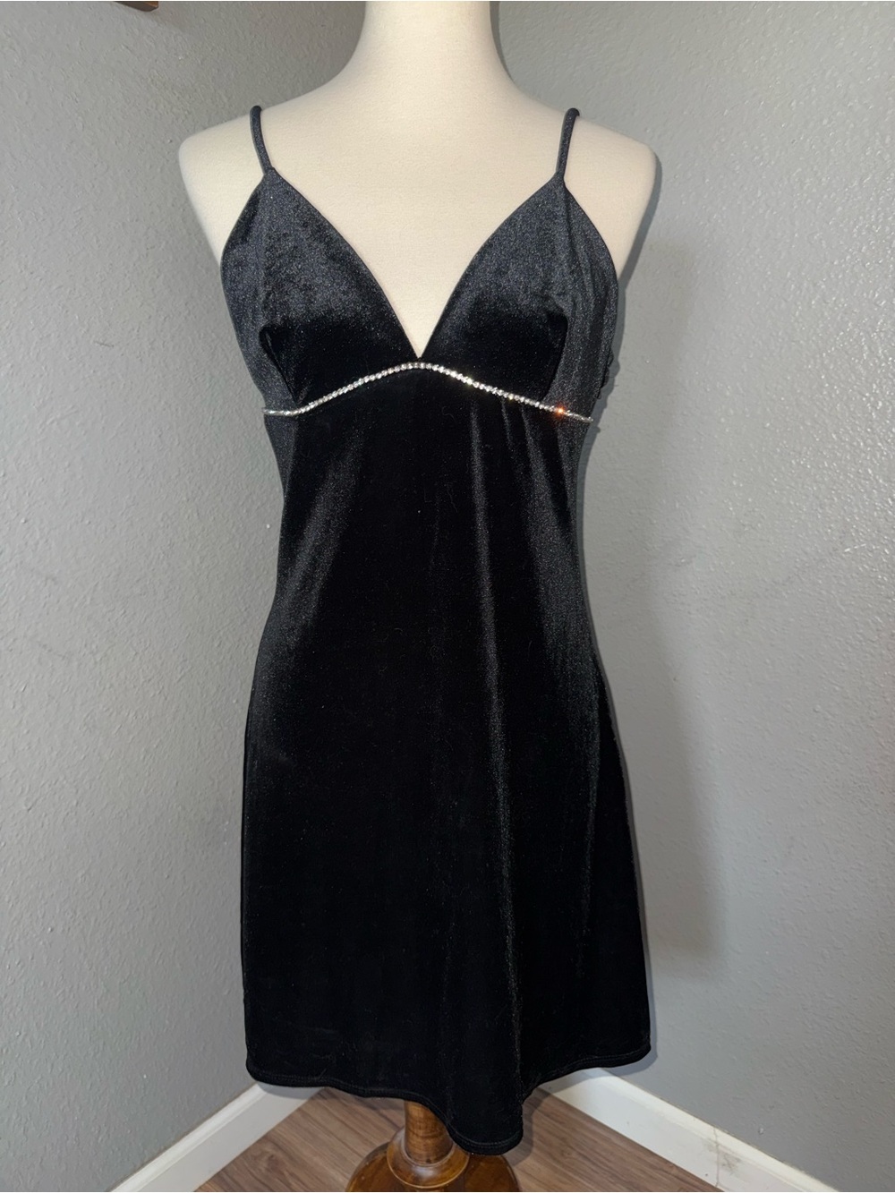 Wild Fable Black Velour Spaghetti Strap Slip Dress with Rhinestone Trim medium